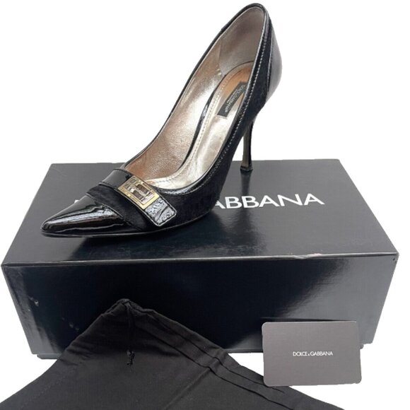 Dolce & Gabbana Logo decollete Pony Hair/Patent Leather Cap Toe Heels Pumps 7,5 - Picture 3 of 11